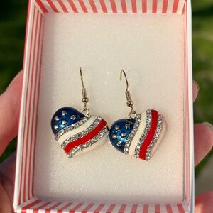 New USA Patriotic Rhinestone Heart Earrings French Wire 1.5inch